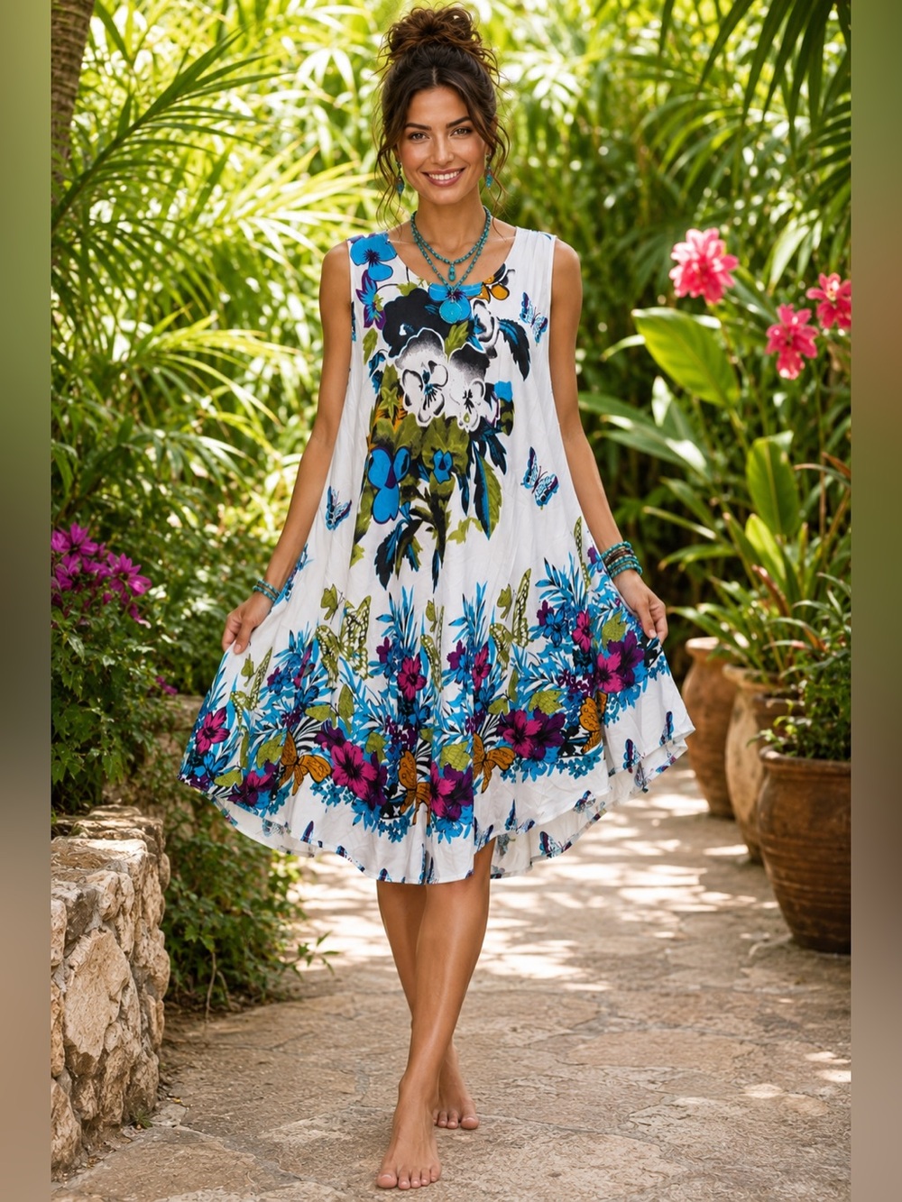 NWT Fashion Style 100% Rayon Floral Butterfly Swing Dress One Size A29